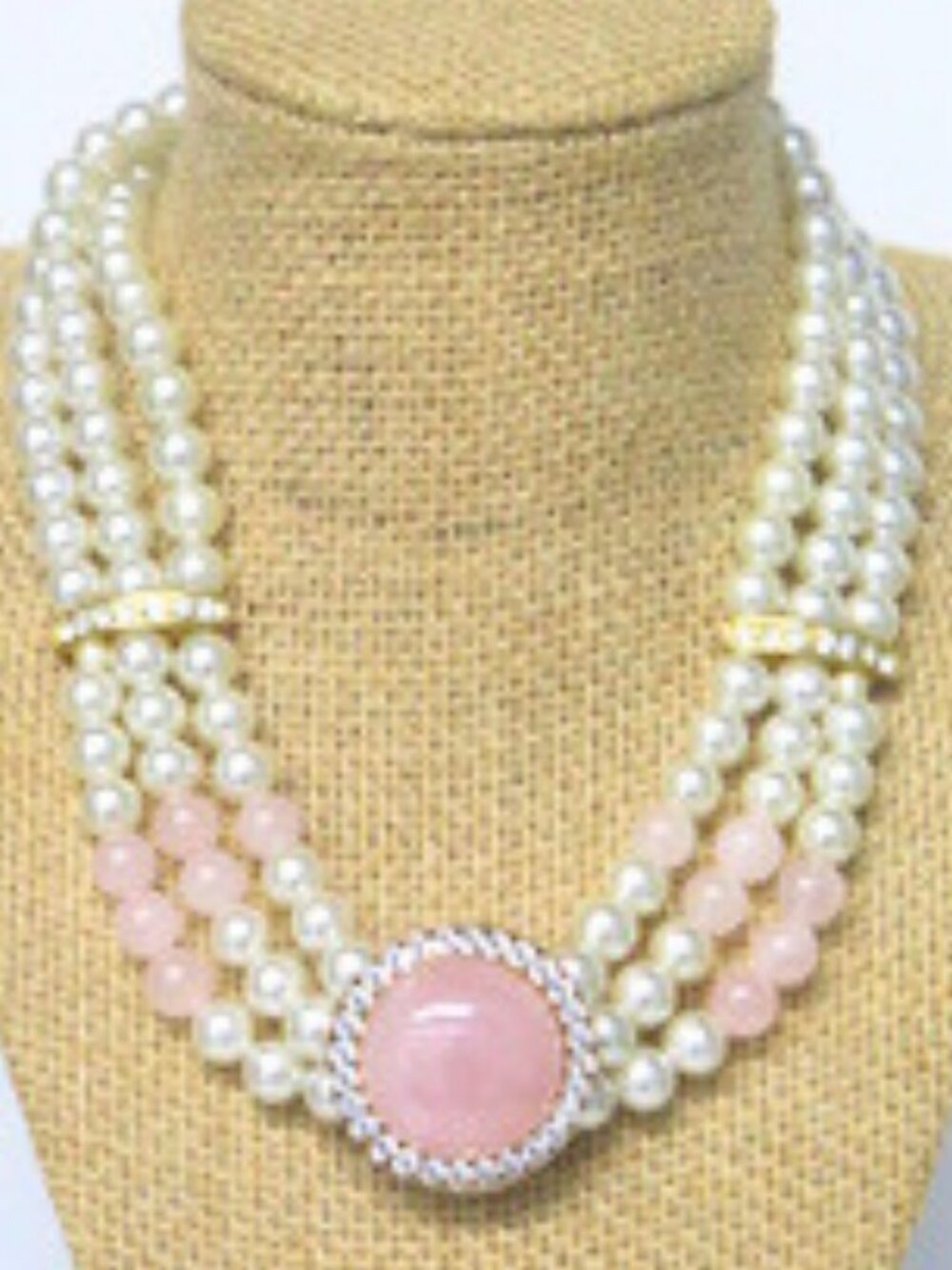 Pink Ivory Faux Pearl 3 Strand Necklace Rhinestone Gold Tone Statement Jewelry